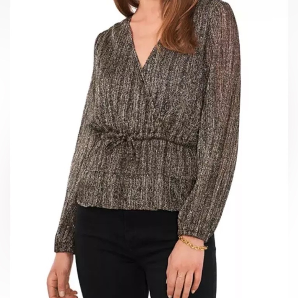 Vince Camuto Metallic V-Neck Blouse, long sleeve, black and gold, size Small